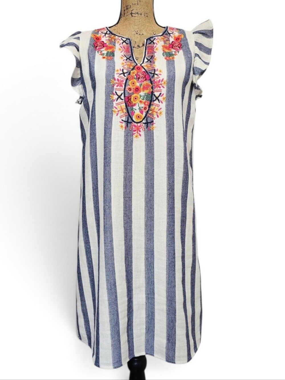 THML Boho Embroidered Floral Blue & White Striped Flutter-Sleeve Shift Dress, M